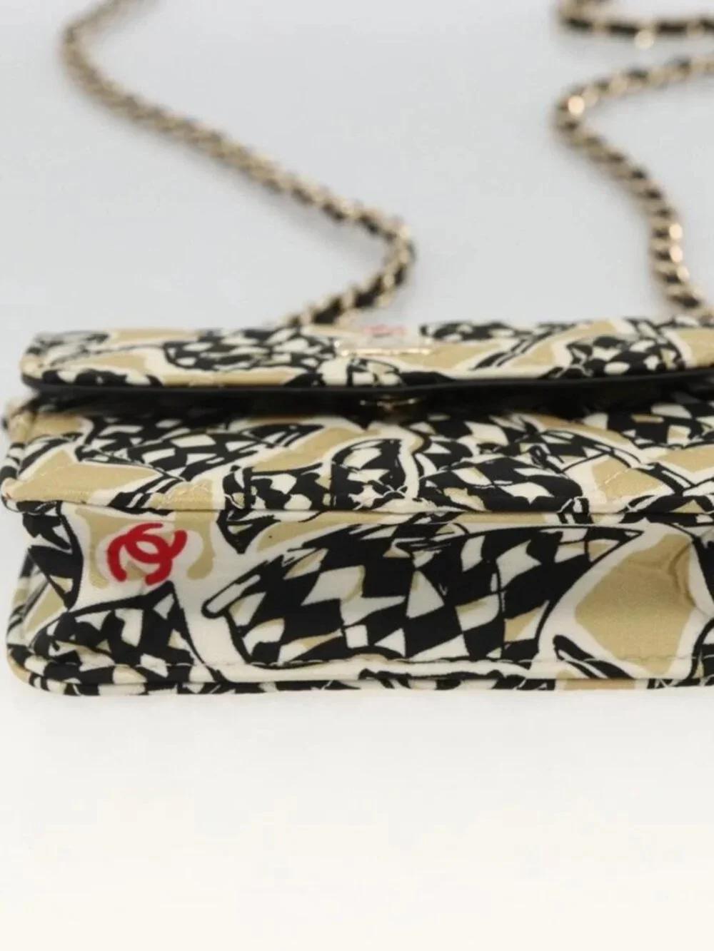CHANEL Chain Mini Matelasse 12 Shoulder Bag Satin Beige Gold CC Auth LNZ407M